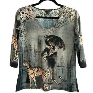 VALENTINA Vintage Cat Walk Artsy Cheetah Leopard Lady Umbrella Rhinestone Top S